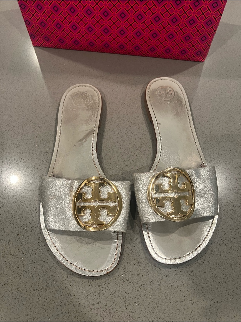 Tory Burch Metallic Silver Logo Slide Sandals